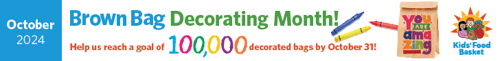 Banner states October 2024 Brown Bag Decorating month! Help us reach our goal of 100,000 decorated bags